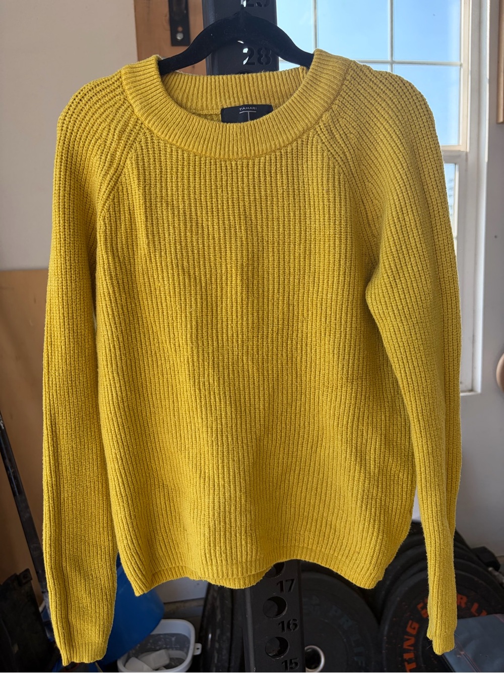 Tahari Mustard Yellow Ribbed Crewneck Sweater